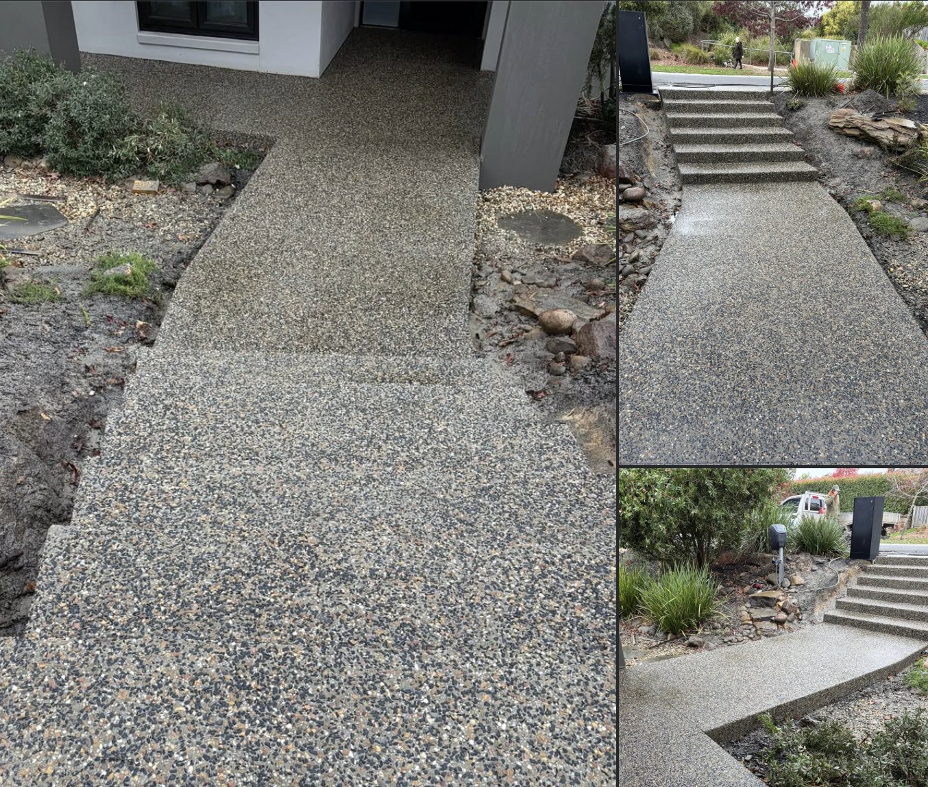 Natural Charm aggregate concrete path and steps through landscaped garden