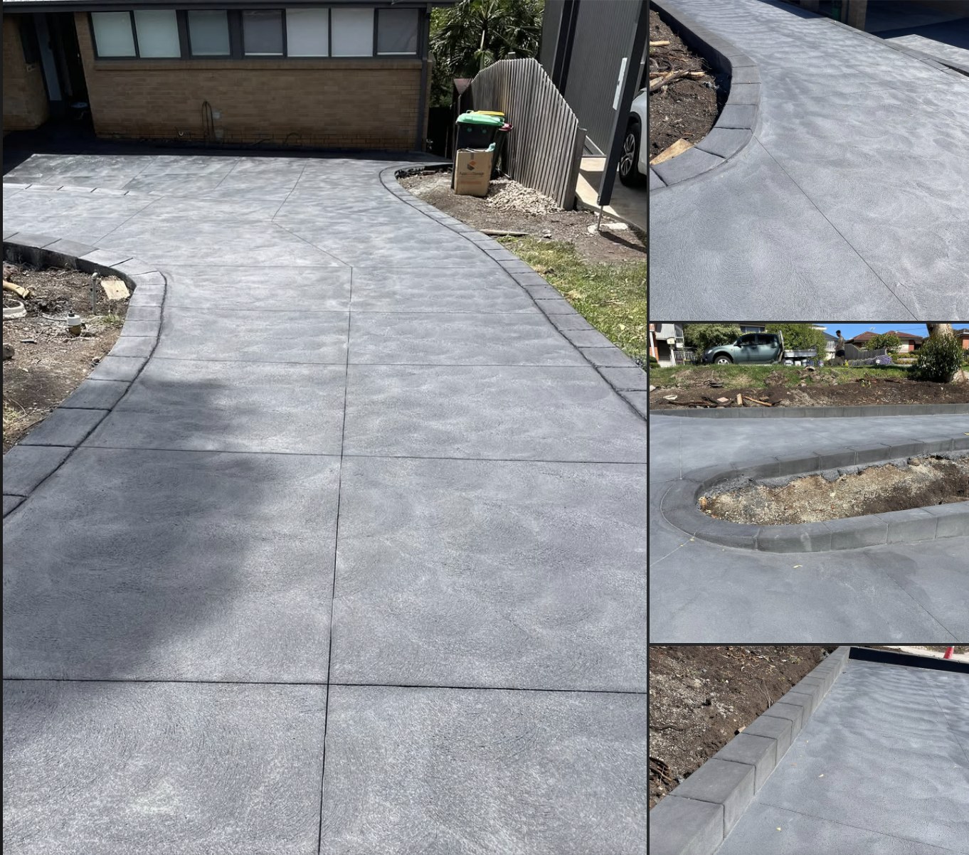 Raven coloured concrete driveway with curved edging