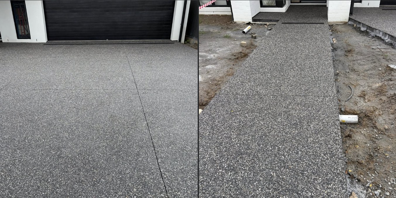 Salt and Pepper charcoal mix exposed aggregate driveway and path